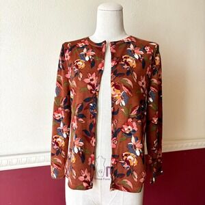 Garnet Hill 100% Merino Wool Floral Cardigan Sweater Brown Pink Size M Romantic